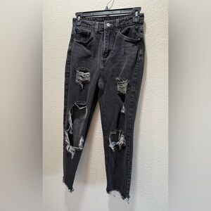 SHEIN Black Denim Ripped Cut Out Distressed Denim Jeans Size XS